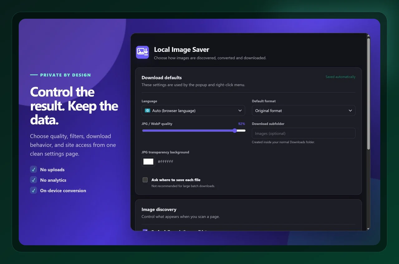 Local Image Saver settings used while working with save transparent WebP images as PNG